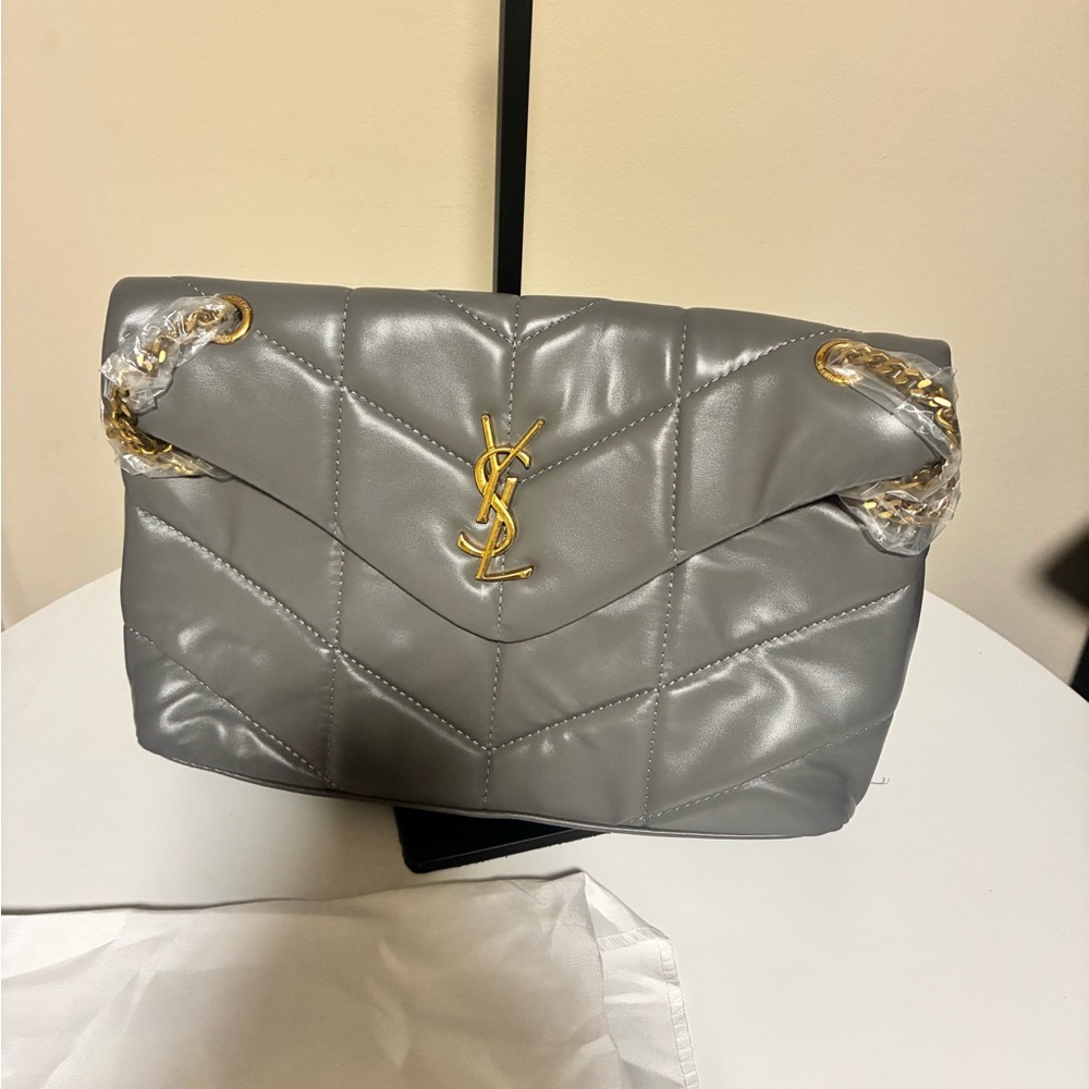 Yves Saint Laurent Quilted Shoulder Bag in Gray with Gold Hardware